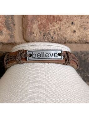 BELIEVE Bracelet Vintage LEATHER & CORDING Brown Adjust Metal Plate + or - 8"